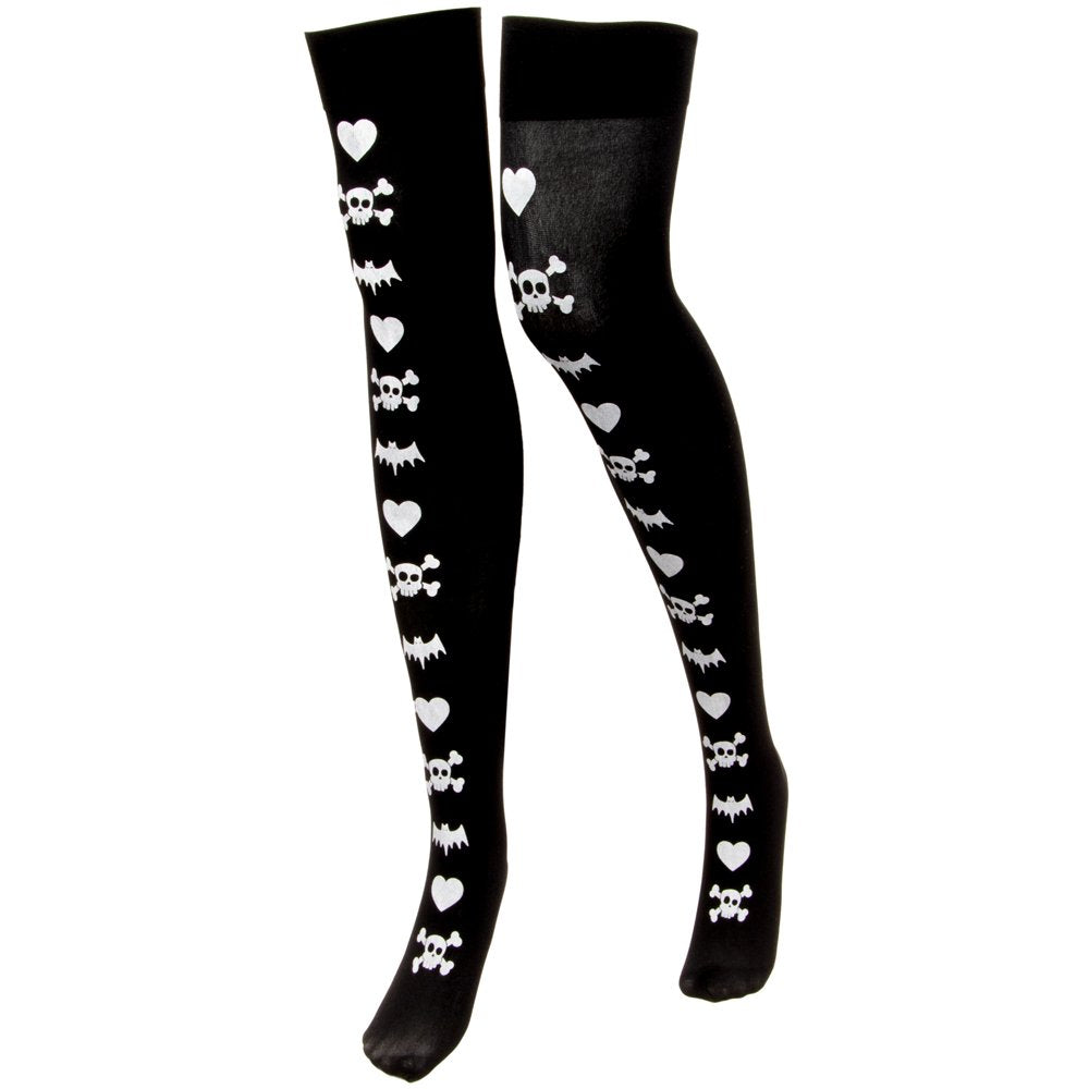 Thigh High Costume Tights - Black Skulls, Bats & Hearts