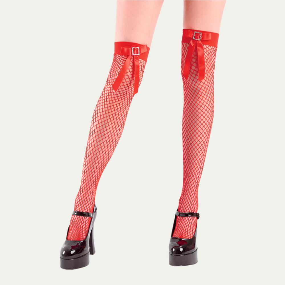 Thigh High Costume Tights - Red Fishnet