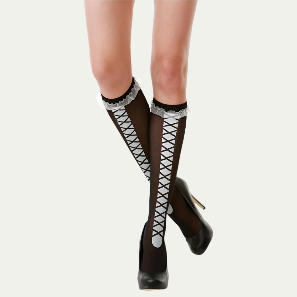 Knee High Costume Tights - Black Laced